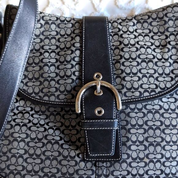 Coach ♣️Rare Limited Edition Vintage Signature Black Canvas Leather Trim Hobo - Picture 2 of 15